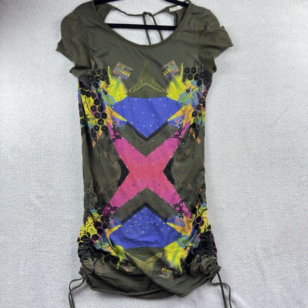 VTG Y2K Rhinestone Abstract Olive Graphic Low Back LG Tunic Grunge Whimsy Goth
